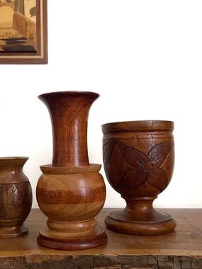 Wooden Bowl Hand Carved Pedestal Bowl Floral Design  - 1 VASE